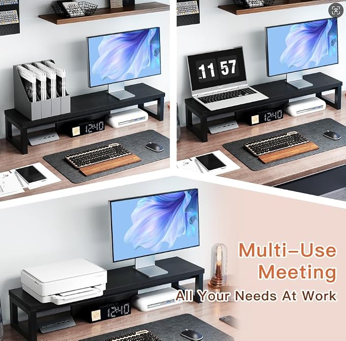 Dual Monitor Stand Riser, Wood and Steel Monitor Stand for Desk, Multi-Purpose Desk Shelf Organizer for Computer, Laptop, Printer, TV, Black - Image 3