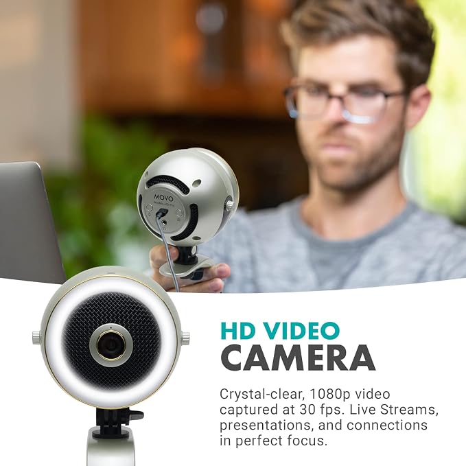 Movo WebMic HD Pro All-in-One Webcam with Mic and Ring Light in Silver- 1080p HD Camera, Pro Cardioid Condenser Microphone, LED Ring Light -HD Webcam for Streaming, Video Calls, Recording, Gaming - Image 4