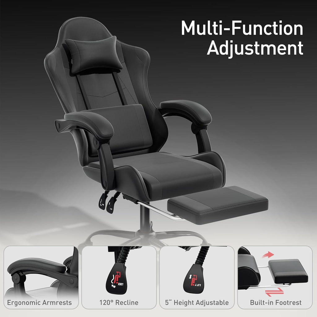 Gaming Chair, Footrest & Lumbar Support, Height Adjust, Black - Image 6