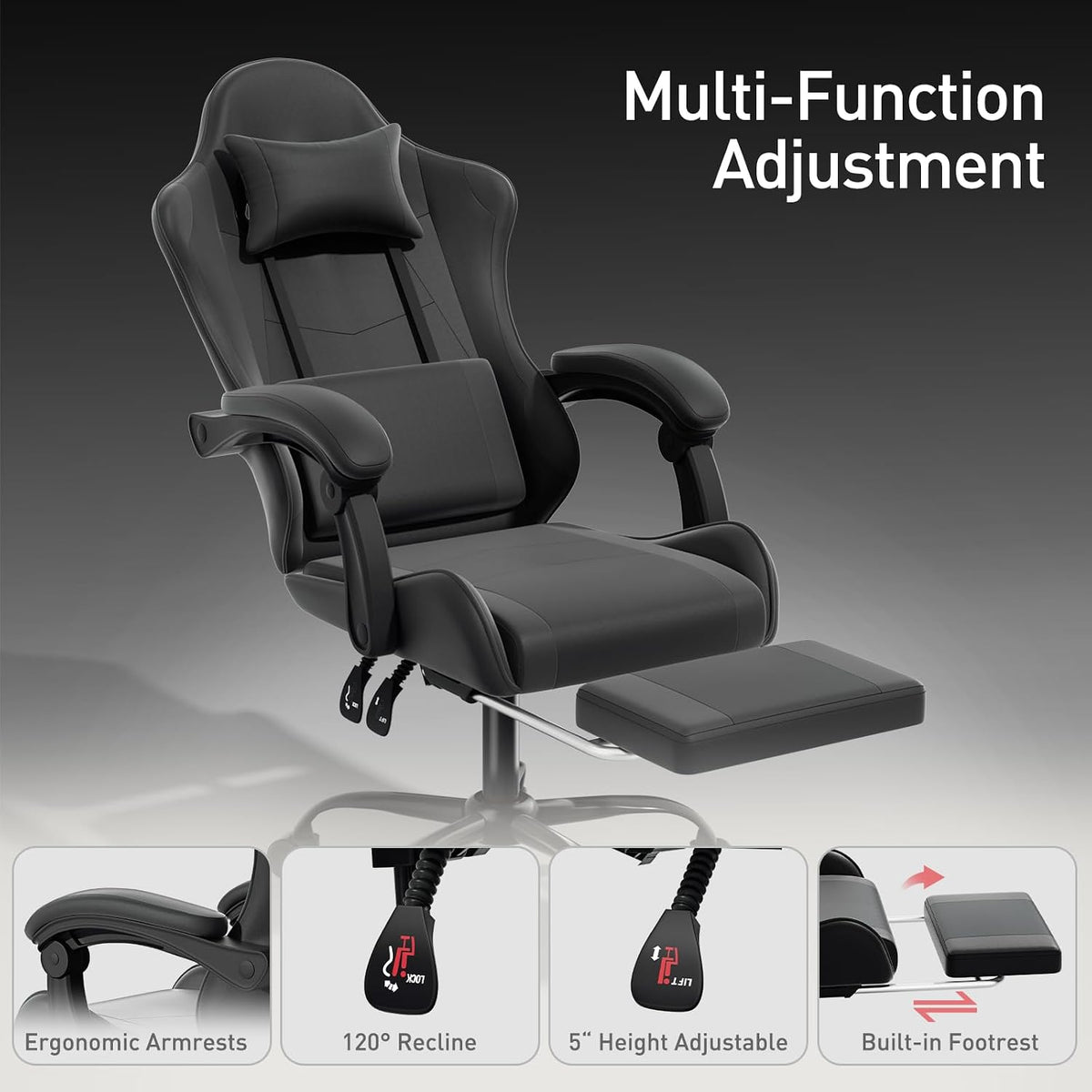 Gaming Chair, Footrest & Lumbar Support, Height Adjust, Black - Image 6