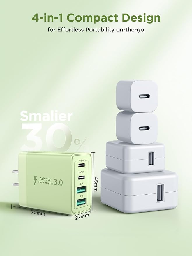 USB C Charger Block, 40W 4-Port Fast Charger 20W Type C Charging Block 3.1A USB Wall Charger Dual Port PD+QC Charging Cube for iPhone 17 16 15 14 13 12 Pro Max XS, iPad, Samsung Phone (Green) - Image 5