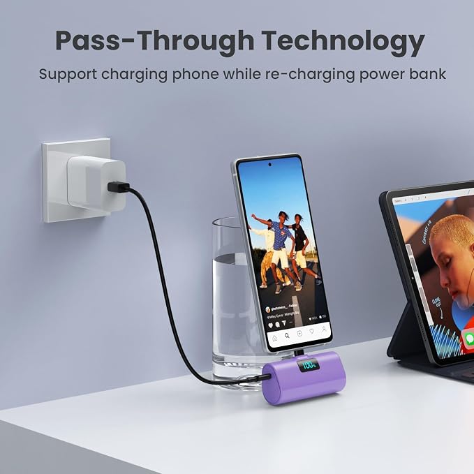 [2-Pack]Portable Charger for iPhone 17/16/15 Series,5200mAh PD USB C Power Bank Built-in USB-C Connector, Battery Pack Compatible with iPhone 17/17 Pro Max/16 Pro/15 Series,Galaxy,Android(Blue+Purple) - Image 4