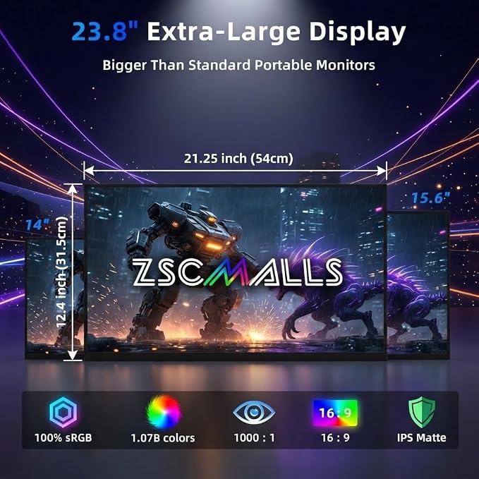 ZSCMALLS 23.8-inch 2K QHD 90HZ 100% sRGB Portable Monitor USB-C HDMI Travel Monitor, Suitable for laptops MacBook PS5 Xbox, VESA installable, with Speakers, Built-in Stand - Image 6