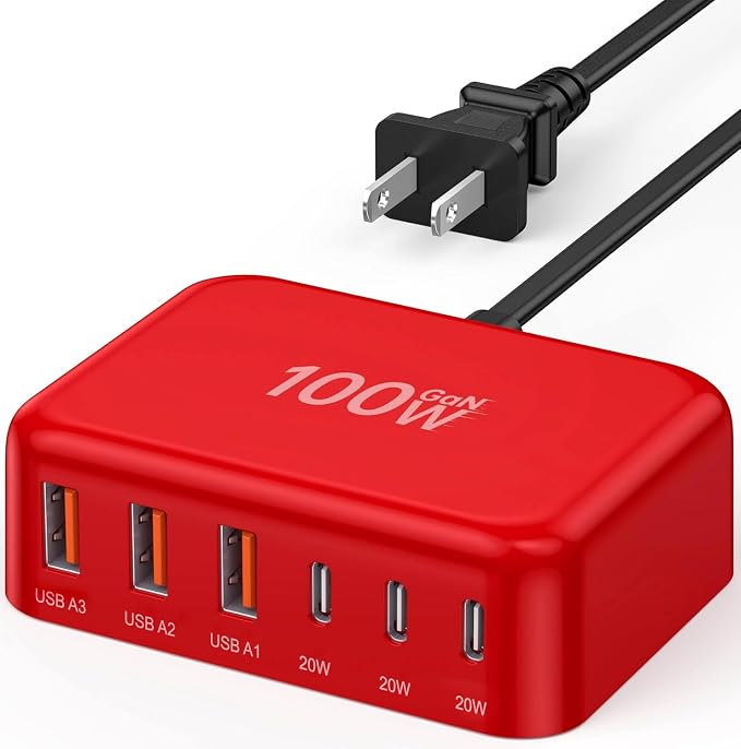 USB C Charger Block, GaN Fast USB Charging Station Hub with 100W Max 6-Port | 3 USB-C & 3 USB-A Compact Desktop Charger for Home Office, PD20W USB Power Strip for iPad iPhone 17 16 15 14 Pro Max Galaxy by BREEKET