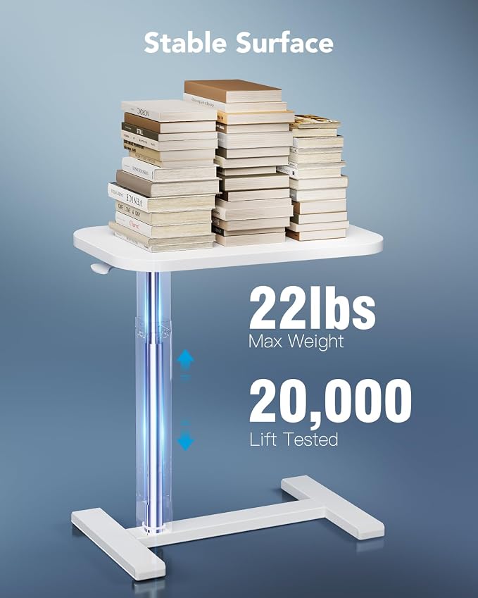 HUANUO 32Inch Bedside Table with Wheels, Height-Adjustable Rolling Computer Cart, Overbed Table with Cup Holder, Pneumatic Laptop Standing Desk for Home Office, White - Image 4