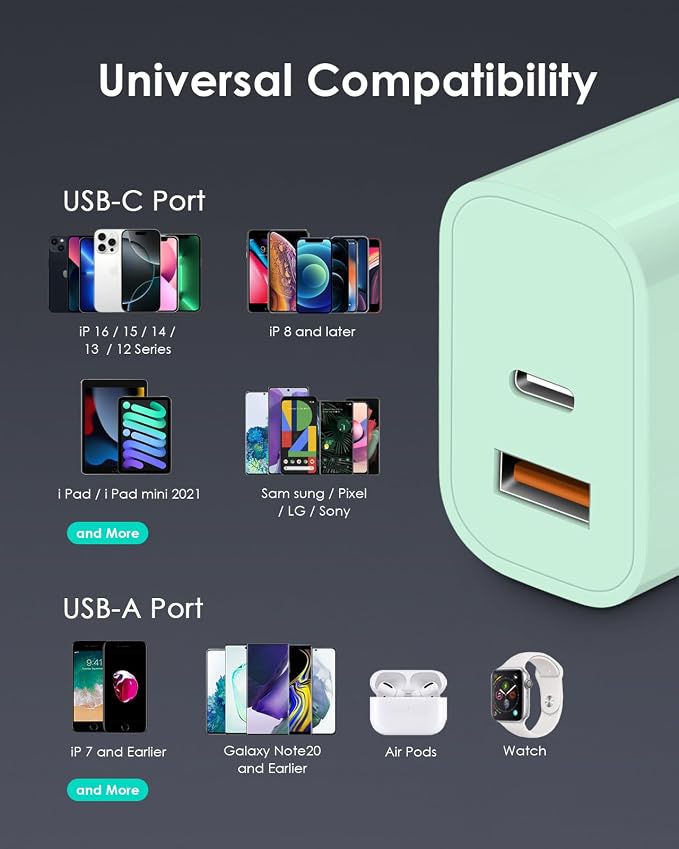 [4 Pack] USB C Charger Block Fast Charging Multiport Adpater [PD 20W USB-C & QC 3.0 USB-A Port] for iPhone 17/16/15/14/13/12/11/X/8, iPad, Galaxy, Google & More [Green] - Image 6