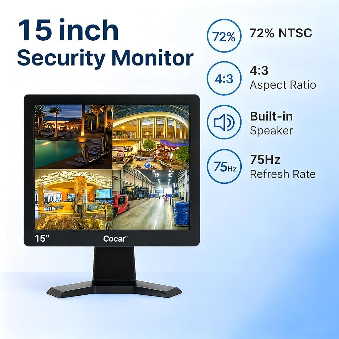 Cocar CCTV Security Monitor, 17 inch BNC Monitor with VGA HDMI AV Built-in Speaker 4:3 HD Display LCD Screen Display with USB Media Player for Home Surveillance Camera STB PC - Image 2