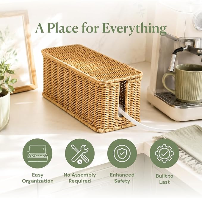 Cable Management Box, Handmade Rattan Cord Organizer for Power Strip | Open Slots Cord Hider for Power Strip, Router & USB Hub, Registered U.S. Design Patent - Image 3