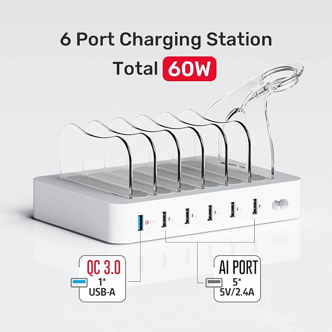 Unitek Fast Charging Station for Multi Devices, 6 Ports Charger with QC 3.0 | USB Charging Dock for Phone/Tablet/iPad/Electronics, 60W Charging Station Organizer with 7 Charging Cables, Quick Charge - Image 2