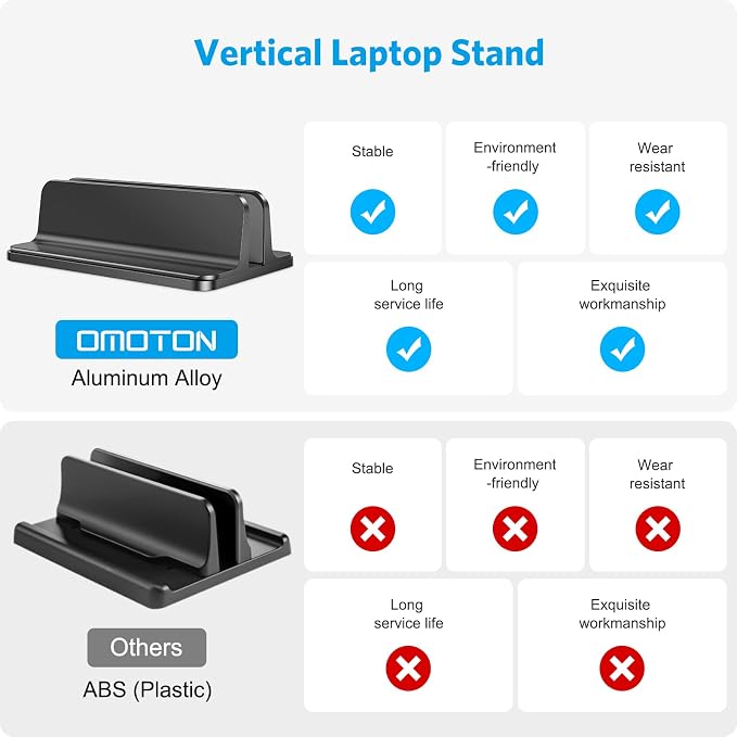 OMOTON Vertical Laptop Stand Holder, Adjustable Dock for MacBook, Black | Aluminum Stand for MacBook Stand, Fits Chromebook & Gaming Laptops up to 17.3 in, Office Desk Organization, Space-Saving - Image 2