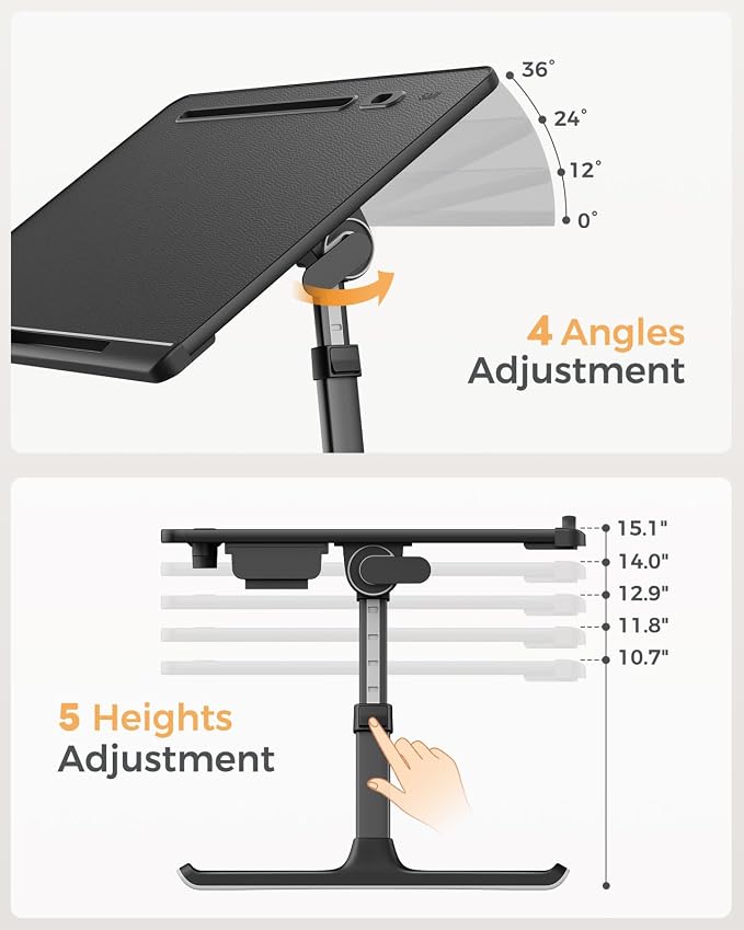 SAIJI Laptop Bed Table for Dual Screens, Lap Desk with Monitor Stand | Height/Angle Adjustable, Foldable & Portable, Soft Leather Surface, Spacious Legroom, with Drawer & Tablet Slot, X-Large - Image 4