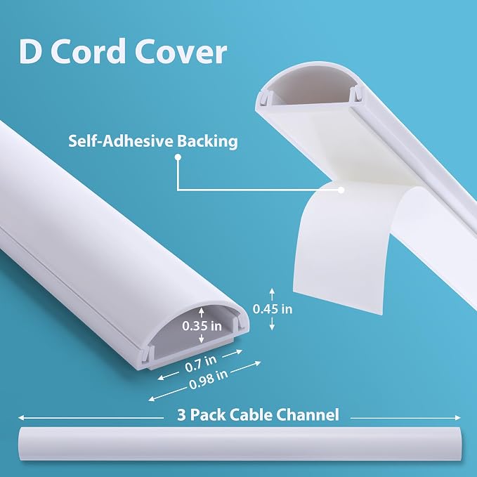 ZhiYo 42.5in Cord Covers for 1-2 Wires on Wall, 1" W x 0.4" H, White | Curved Design, Low-Profile Cord Hider, Self-Adhesive Cable Management Raceway for Wall-Mounted TV Wires, 3 Pack (14.2" Each) - Image 4
