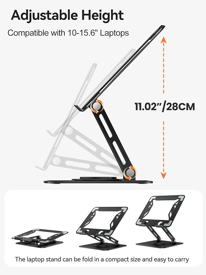 tounee Laptop Stand for Desk, Adjustable Computer Stand Holder with 360° Rotating Base, Ergonomic Laptop Riser Compatible with MacBook Pro Air, All Laptops 10-15.6"-Black - Image 4