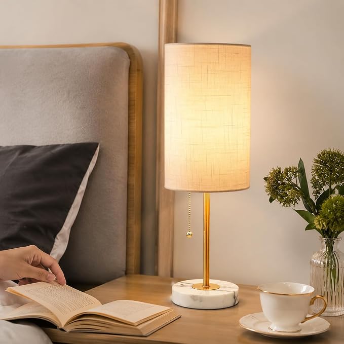JUNNAI Table Lamps Set of 2, Gold Bedside Lamps, 3 Way Dimmable Nightstand Lamps with Marble Base & Linen Shade &Pull Chain,18.5 Inches Tall Skinny Desk Lamps for Bedroom Living Room(Bulbs Included) - Image 6