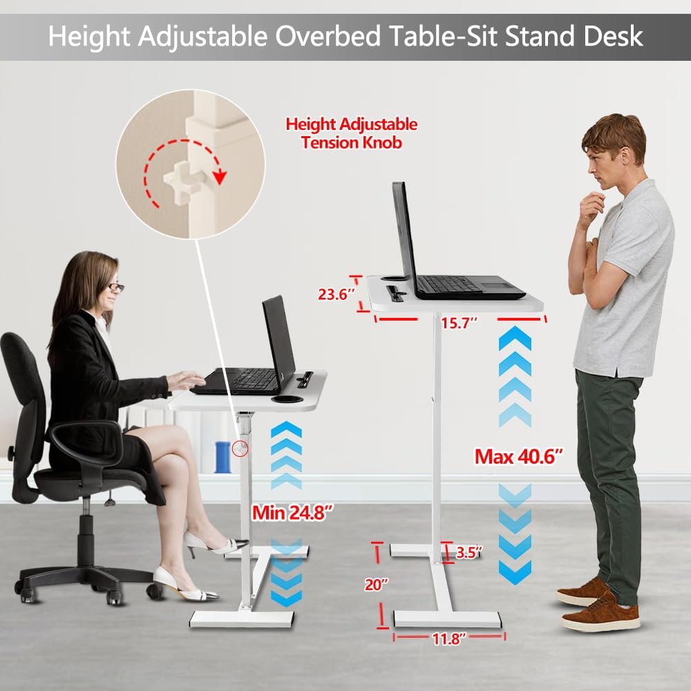 Over the Bed Table with Hidden Wheels,Height Adjustable Bedside Table Tray - Image 2