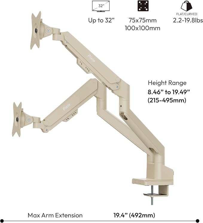 Pixio PS1D Wave Beige Dual Monitor Arm Stand Desk Mount - Fits up to 32 inches Monitors and up to 19.8lbs. VESA Compatibility and Integrated Cable Management - Image 4