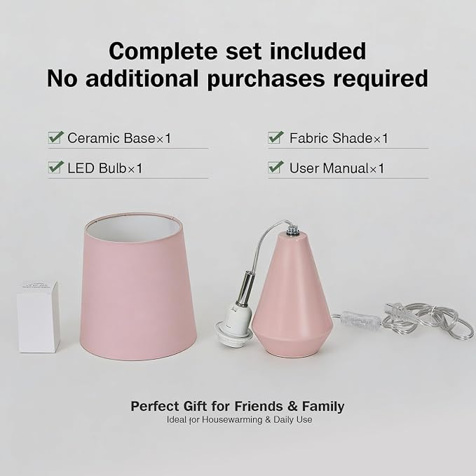 Small Bedside Table Lamp for Bedroom - Reading Desk Lamp with 3 Color Temperatures，15.5" Nightstand Ceramic Lamp with Fabric Shade for Kids Room,Living Room,Dorm,Home Office (Pink) - Image 8