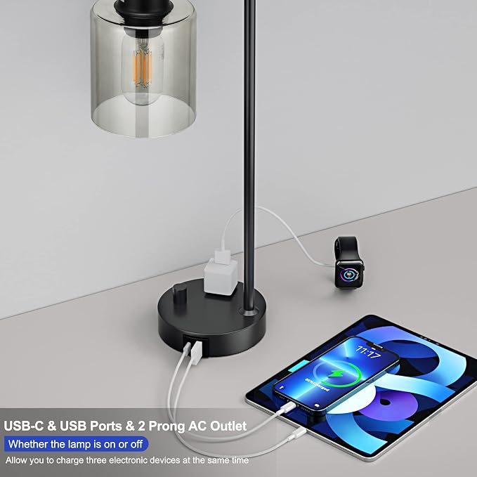 Industrial Bedside Desk Lamps for Bedroom - Grey Smoked Glass Shade Table Lamp with USB C Port, Fully Dimmable Small Lamps with USB Port and Outlet, Reading Nightstand Lamps for Office Living Room - Image 3