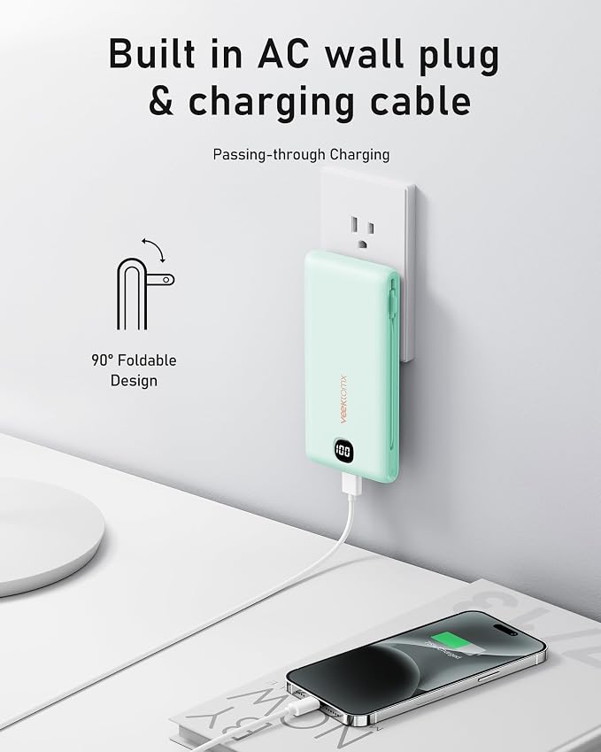 VEEKTOMX 10000mAh Portable Charger with Built-in Cables & Wall Plug | Fast Charging Slim USB-C Power Bank for iPhone, Samsung, iPad | 5 Outputs, Charges 4 Devices, ETL Certified, Cyan - Image 6