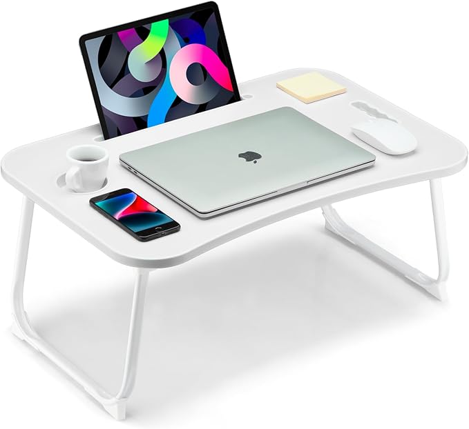 Foldable Lap Desk, Laptop Bed Desk, Portable Lap Table, Laptop Bed Table with Cup Holder & Tablet Slot & Lifting Handle for Working Writing Drawing & Eating - White by VIFOCAE