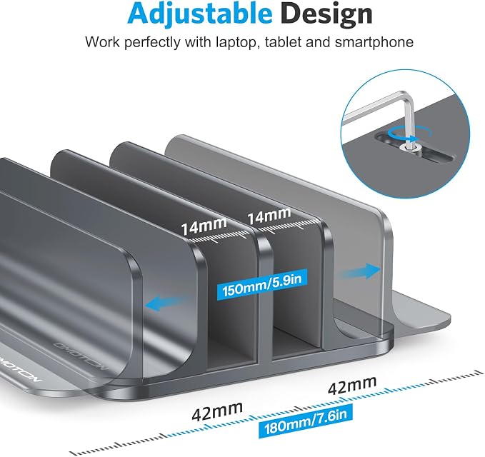 OMOTON Dual Vertical Desk Laptop Stand Holder, Fits MacBook Air/Pro, Grey | Aluminum Laptop Storage Rack for Desk, Adjustable Dock for Up to 17.3 in. Gaming Laptop, Space-Saving Desk Organizer - Image 4