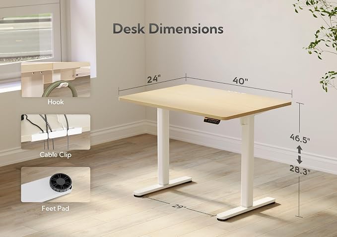 Claiks Electric Height Adjustable Standing Desk, 40x24 Inch, Nature | Smooth Height Adjustment, 3 Memory Presets, Cable Management Hub&Hook, Stable Steel Frame, 176lbs Capacity, Easy Assembly - Image 3