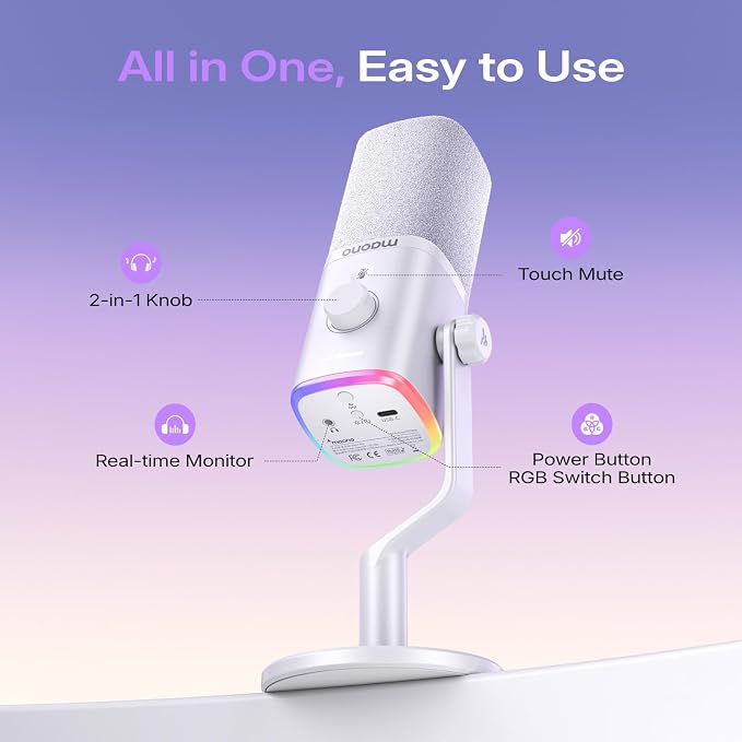 MAONO PD100W Wireless Dynamic Gaming Microphone for PC with USB-C Receiver | One-Click Noise Reduction,Custom RGB,Mute,Monitoring, Companion App,Wireless Desktop Mic for Creator, Stream, Podcast, White - Image 7