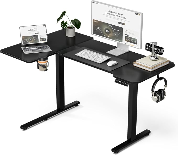 L Shaped Electric Standing Desk - 51x31.5 Inch Reversible Corner Sit Stand Desk with Hook&Cup Holder,Electric Height Adjustable Table,for Small Home Office&Bedroom Computer Desk, Black by Acrolix