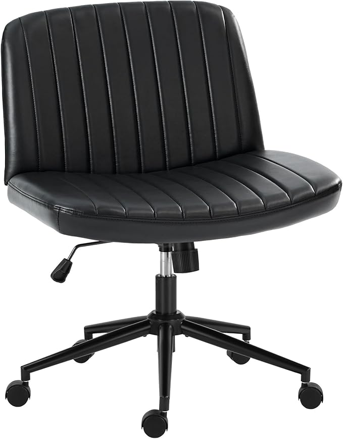 OLIXIS Criss Cross Chair with Wheels, Vanity Chair, Home Office Desk | Wide Seat Armless, Faux Leather, Height Adjustable Swivel Rolling, Home Computer Task Seating for Bedroom Study, Black PU by OLIXIS