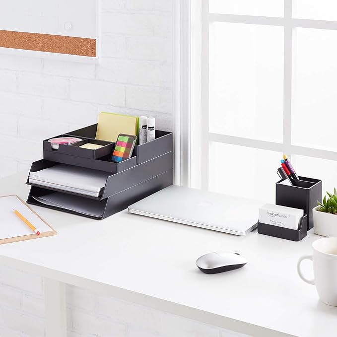 Amazon Basics Rectangular Plastic Desk Organizer Bundle, 3 Pieces with Half Accessory Tray, Small, Black - Image 6