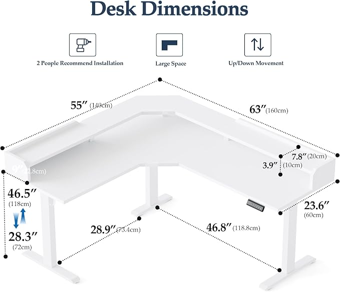 Klicelor L Shaped Electric Standing Desk 63 x 55 inch with Shelf, Height Adjustable Corner Desk, Sit Stand Desk with Storage Shelf, Home Office Computer Table, White - Image 2