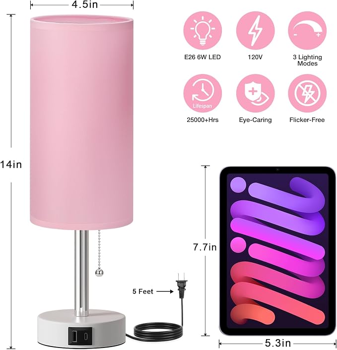 Dicoool Pink Bedside Table Lamp for Girls Bedroom - USB A+C Charging Ports | 3 Color Temperatures, Bulb Included, Pink Fabric Shade, White Metal Base, Cute Pink Room Decor, 14" Desk Lamp for Kids Dorm - Image 4