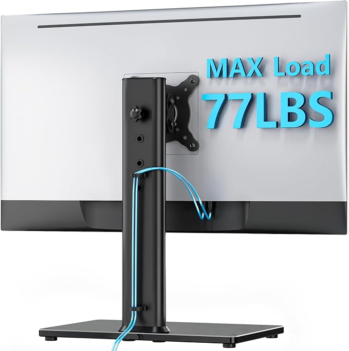 Single Monitor Desk Stand Free-Standing Desk Mount Arm Riser for 13 inch to 32 inch Screen Freestanding VESA Mount Base, Adjustable Height, Tilt, Swivel, Rotation, Black AX05TB01 - Image 2