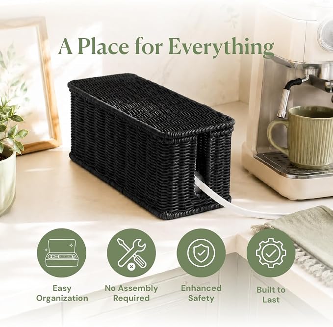 Cable Management Box, Handmade Rattan Cord Organizer for Power Strip | Open Slots Cord Hider for Power Strip, Router & USB Hub, Registered U.S. Design Patent - Image 3