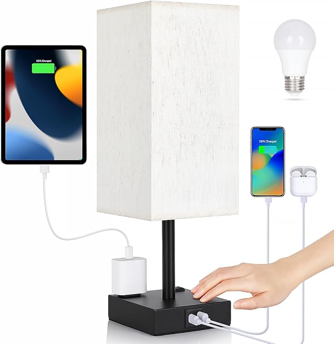 Bedside Table Lamp for Bedroom - Touch Small Lamp with USB C+A Charging Ports & AC Outlets, 3 Way Dimmable Nightstand Light for Living Room (LED Bulb Included, Flaxen) by Soilsiu