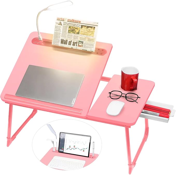 CloudTrip Plus XL Adjustable 17in Laptop Desk with Light, USB Port, iPad Holder, Drawer Storage - Larger 23.6IN Adjustable Lap Desk for Bed, Home Office, Breakfast Tray, Fordable Legs Desk (Pink) by CloudTrip