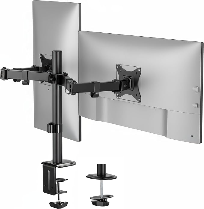 Mount-It Dual Monitor Arm, Heavy Duty Desk Mount for 2 Screens 13-32 in | Up to 19.8 lbs Each, Full Motion Tilt Swivel Rotate, VESA 75x75 100x100, Steel, Cable Management, C-Clamp or Grommet, Black by Mount-It