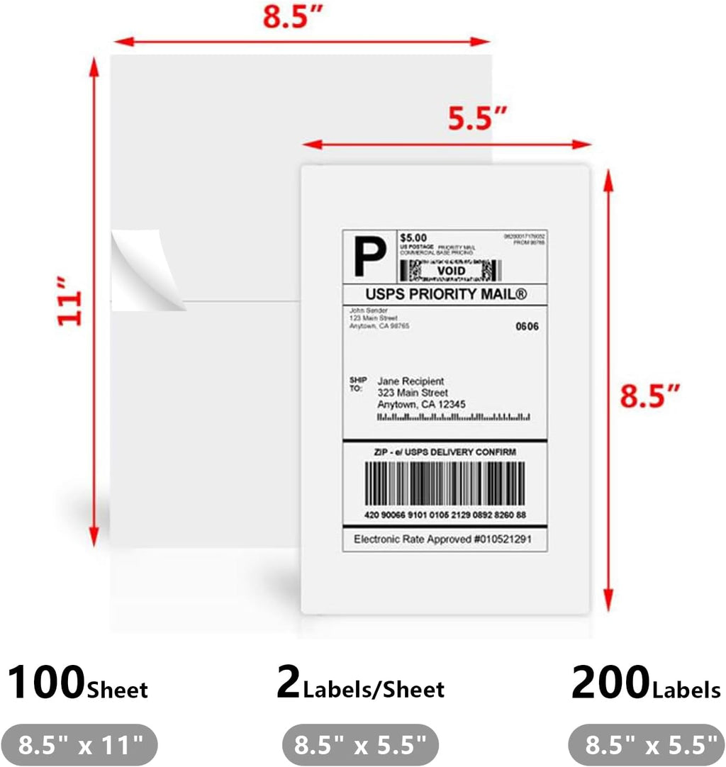 9527 Product 8.5" x 5.5" Half Sheet Self Adhesive Shipping Labels for Laser & Inkjet Printers, Easy to Peel Label, 100 Sheet 8.5 x 11 Address Labels, 2 Labels per Sheet (200 Labels) - Image 2