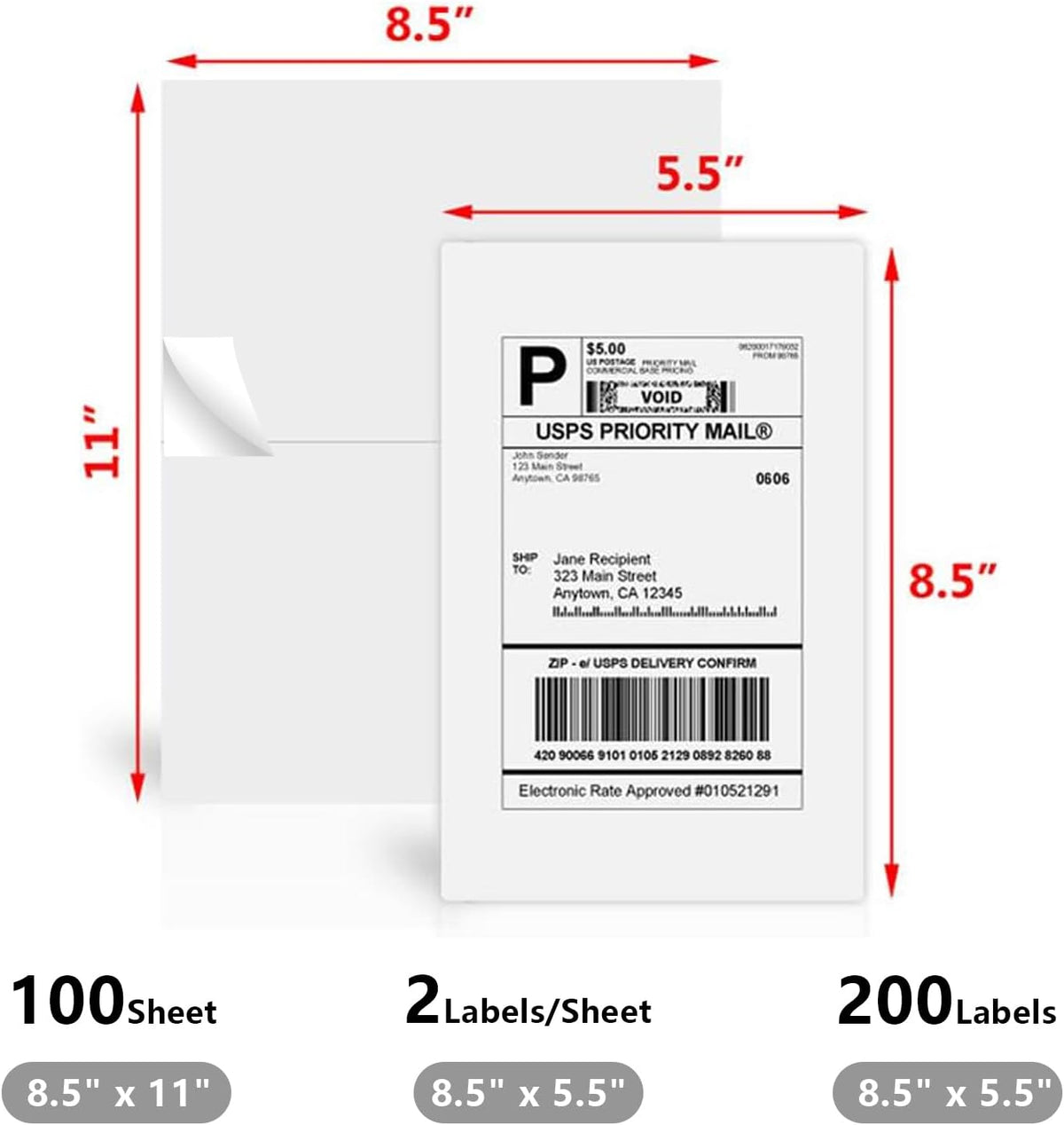 9527 Product 8.5" x 5.5" Half Sheet Self Adhesive Shipping Labels for Laser & Inkjet Printers, Easy to Peel Label, 100 Sheet 8.5 x 11 Address Labels, 2 Labels per Sheet (200 Labels) - Image 2