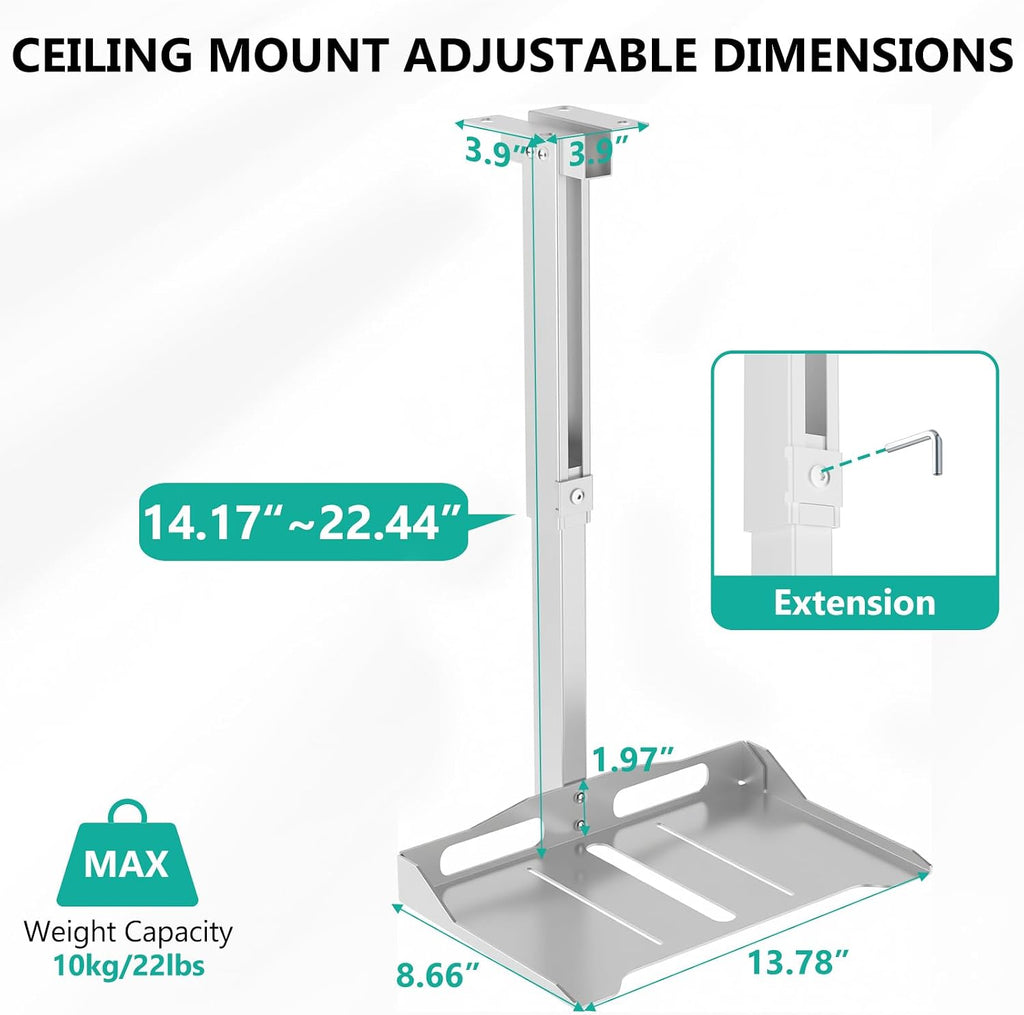 WALI Projector Ceiling Mount Tray, Height Adjustable Wall Mount Holder for Projectors, Hidden Cable Management, Fits Projectors up to 22lbs, 13.7" x 8.6" Platform, White (PM-005-W) - Image 7