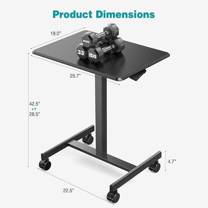 DUMOS Small Standing Desk with Wheels, Laptop Desk, 19 Inch | Portable Rolling Design, Adjustable Height Workstation, Home Office Mobile Station, Black - Image 3