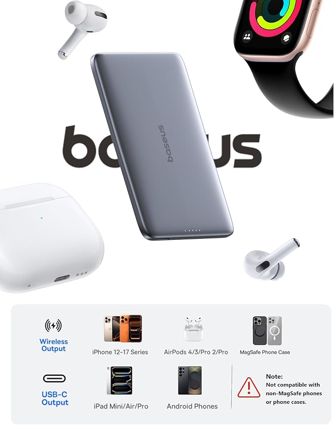 Baseus Picogo Power Bank, 0.3" Ultra Slim 5000mAh MagSafe Portable Charger, Card-Size Magnetic Battery Pack with USB-C Braided Cable, Alloy Wireless Charger for iPhone 17 Pro Max/17 Air/16/15/14/13/12 - Image 7