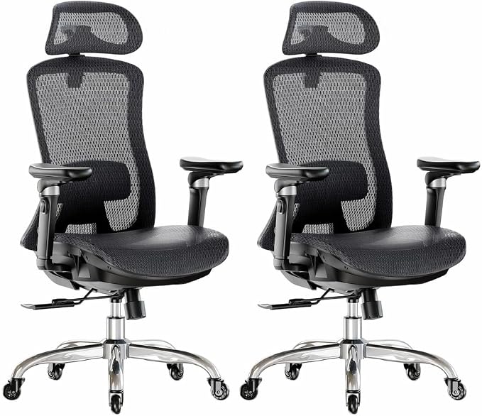 Marsail Big and Tall Mesh Ergonomic Office Chair with 6D Armrests, 2 Pack | 6-level lumbar support, sliding seat depth, high-elastic mesh seat, 3D headrest, 4-position recline, adjustable seat height by Marsail