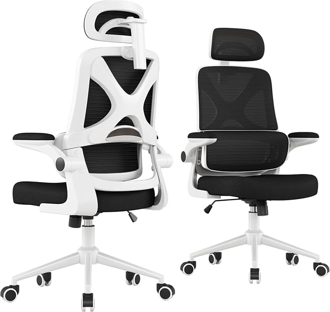 Ergonomic Office Chair - Desk Chair with Adjustable Headrest Lumbar Support Computer Chair - Mesh Comfy Chair with Flip-up Armrests - Gaming Chairs for Adults Home Office 330 LBS (White+Black) by Apusen