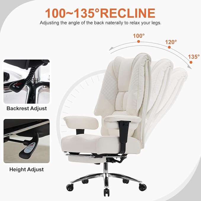 EXCEBET Big and Tall Executive Office Chair 400lbs Wide Seat, PU White | Wide seat, Retractable footrest, 135° recline, Lumbar support, PU leather, Ergonomic high back for lower back pain relief - Image 3