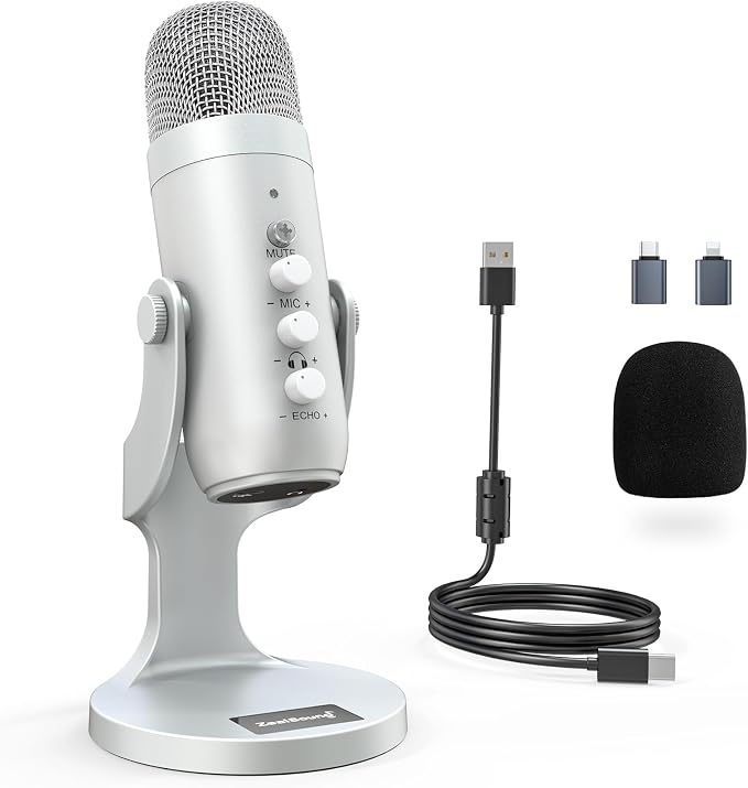 ZealSound Podcast Microphone for PC, Noise Cancellation USB Mic with Gain, Volume Adjustment & Mute Button, Monitoring & Echo, for YouTube, TikTok, Podcasting, Streaming, iPhone, iPad, Android(Silver) by zealsound