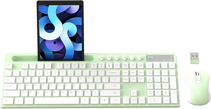 Wireless Keyboard and Mouse Combo, MARVO 2.4G Ergonomic Wireless Computer Keyboard with Phone Tablet Holder, Silent Mouse with 6 Button, Compatible with MacBook, Windows (Green) by MARVO