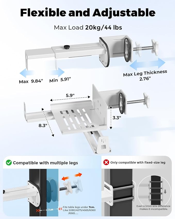 JOY worker Under Desk PC Mount with Protective Arms, Clamp-On Leg CPU Mount | No Drilling, Clamp-On Desk Leg, White Adjustable Standing Desk PC Mount Holds Up to 44lbs, Under Desk Computer Tower Holder - Image 2