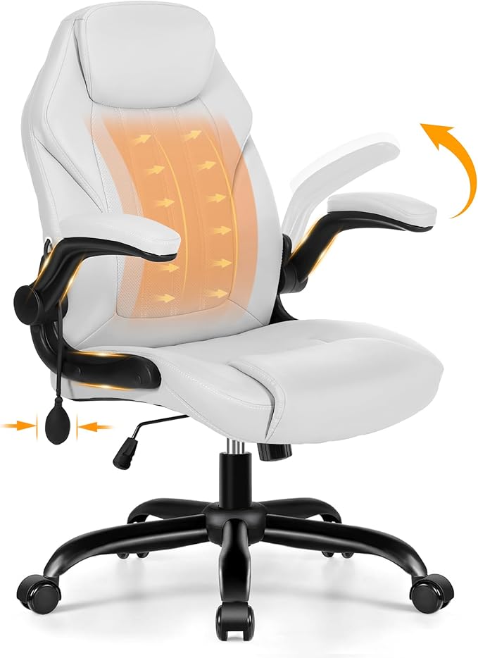 Ylzyxal Office Desk Chair, Ergonomic Computer Chair with Padded Flip-Up Arms and Adjustable Lumbar Support, PU Leather Executive Chair with Tilt Lock and 360° Swivel Rolling Wheels for Work, Study by Designedforcomfort