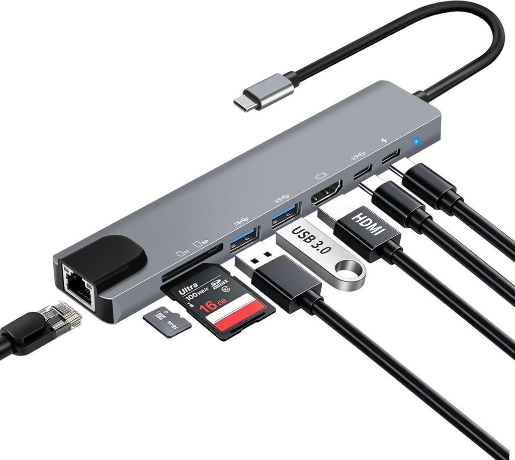 USB C Hub Multiport Adapter, 8 in 1 USBC Dongle with 4K HDMI, RJ45 Ethernet, 100W PD, USB 3.0/2.0, USB-C Data Port, TF/SD Card Reader, USB C Docking Station for MacBook Pro/Air, Chromebook, Dell, HP by AYauGamA